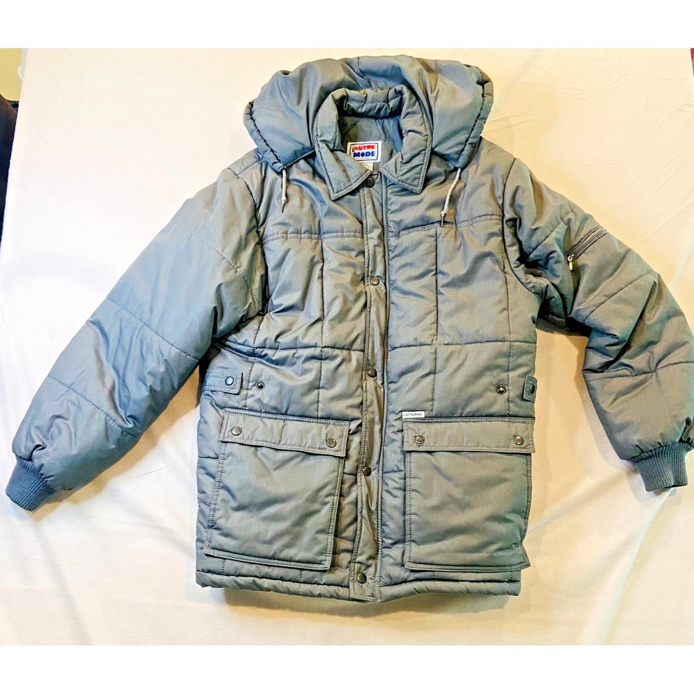 Vintage 1980s‎ Gray Grey Quilted Puffer Coat Jacket Large Pockets Removable Hood
